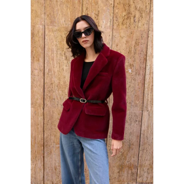Alpaka Doku Kemerli Bordo Peluş Ceket