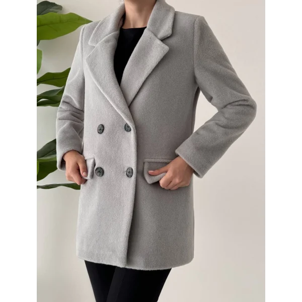 ANGORA DOKULU KISA KABAN GRİ