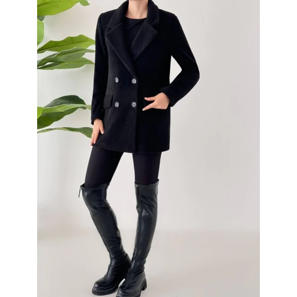 ANGORA DOKULU KISA KABAN SİYAH