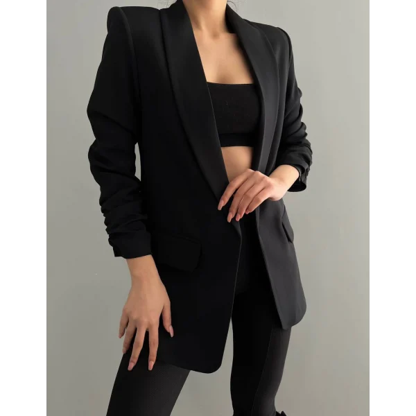 Atlas Kumaş Büzgü Kol Tam Kalıp Siyah Blazer Ceket