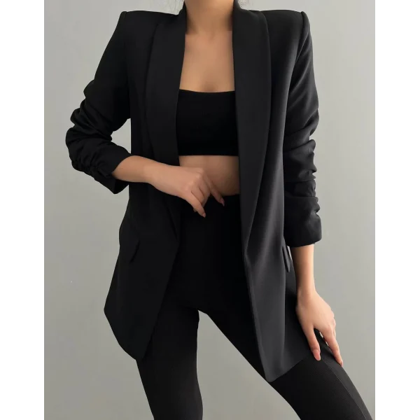 Atlas Kumaş Büzgü Kol Tam Kalıp Siyah Blazer Ceket