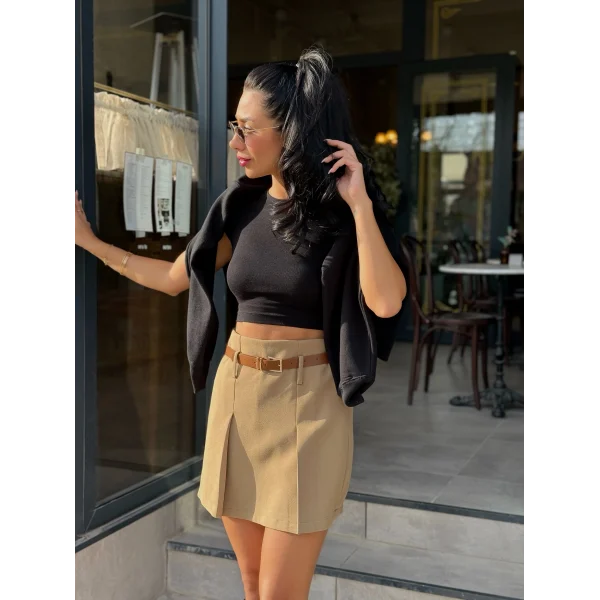 Atlas Kumaş Kemer Detay Şort Etek Haki