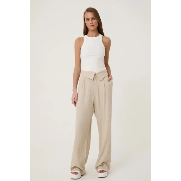 QUZU Bel Detaylı Bol Paça Keten Pantolon Naturel