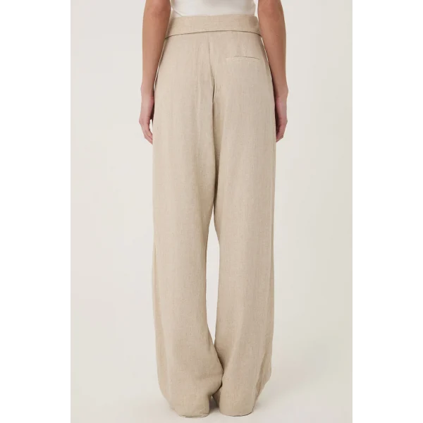 QUZU Bel Detaylı Bol Paça Keten Pantolon Naturel