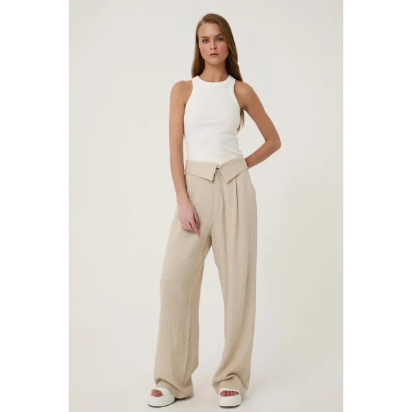 QUZU Bel Detaylı Bol Paça Keten Pantolon Naturel