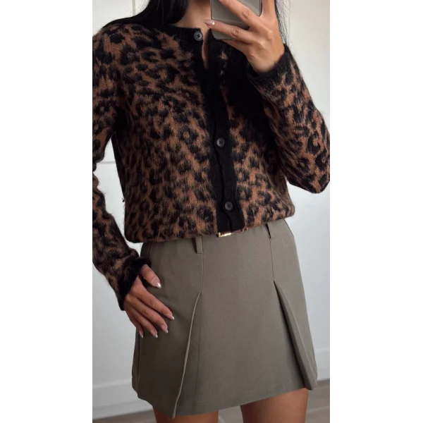 Bisiklet Yaka Kahverengi Leopar Desenli Hırka