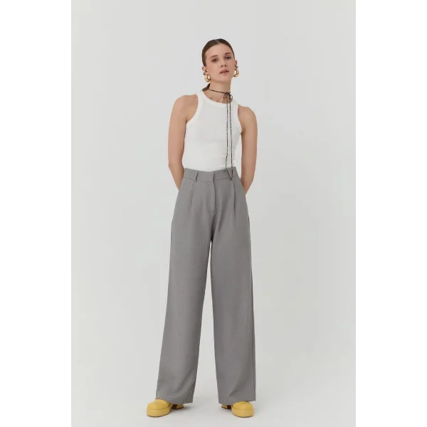 Bol Paça Palazzo Kumaş Pantolon Gri