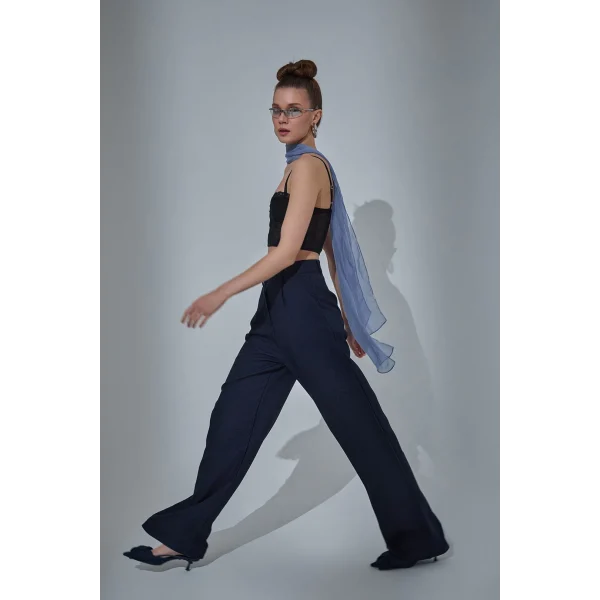 Bol Paça Palazzo Kumaş Pantolon Lacivert