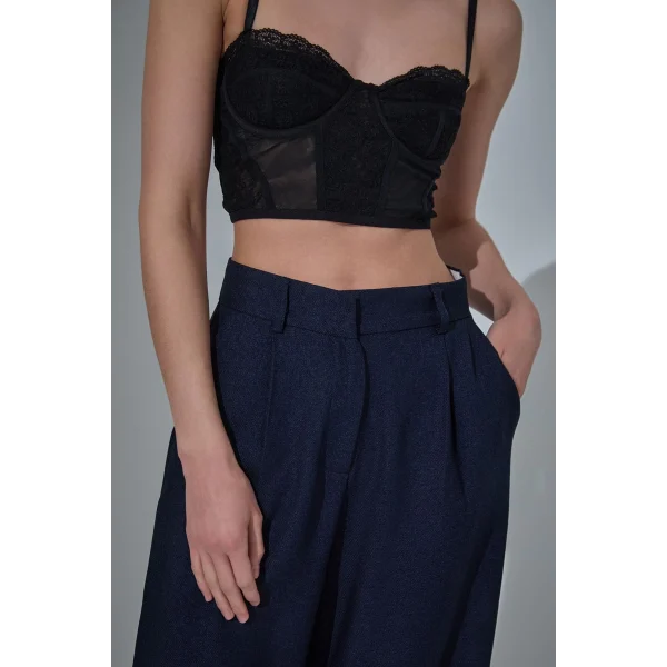 Bol Paça Palazzo Kumaş Pantolon Lacivert