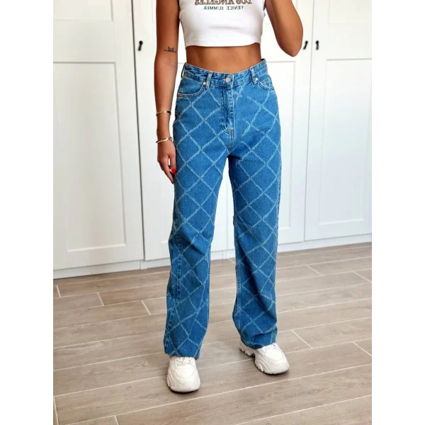 Dikiş Detaylı Yüksel Bel Denim Pantolon Mavi