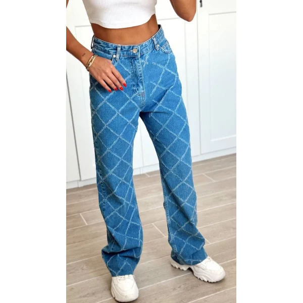 Dikiş Detaylı Yüksel Bel Denim Pantolon Mavi