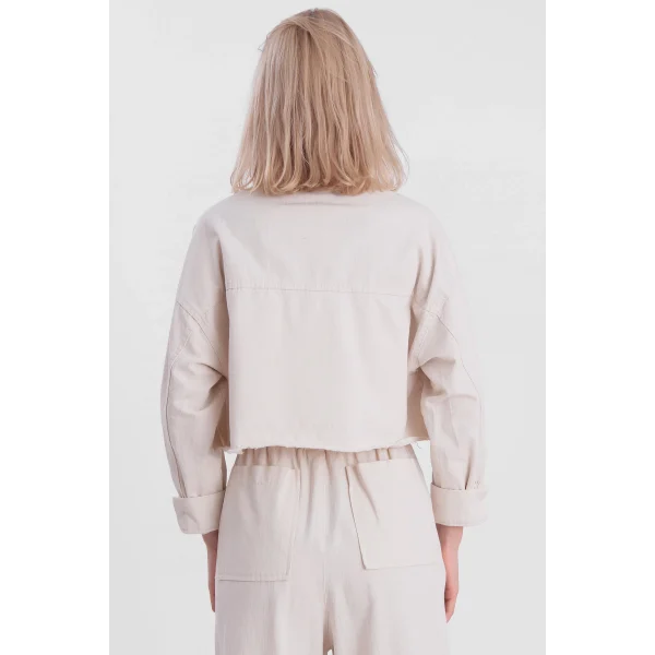 GABARDİN TAŞLI CROP CEKET EKRU