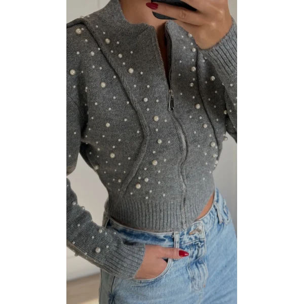 Gri Ters Dikiş İnci Detaylı Hırka