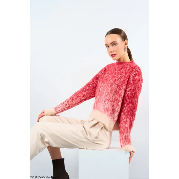 İKİ RENK İNCİ TAŞLI ŞARDONLU KAZAK BORDO