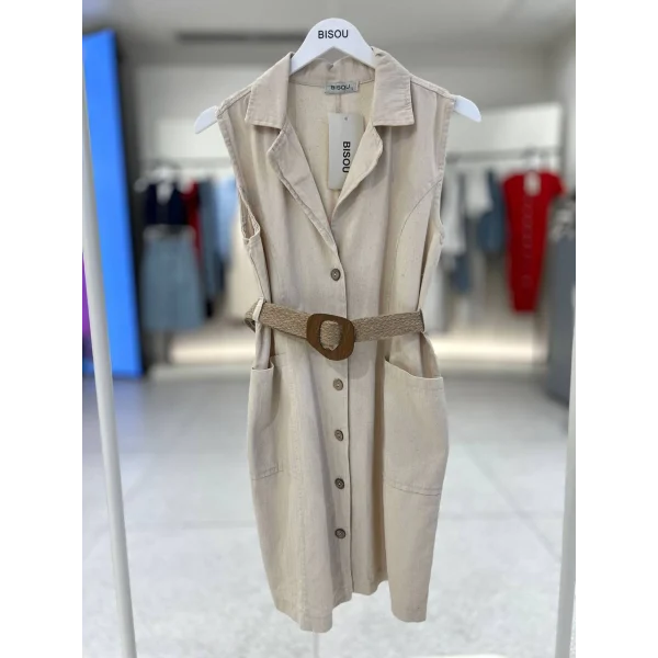 KEMERLİ KOLSUZ KETEN ELBİSE EKRU