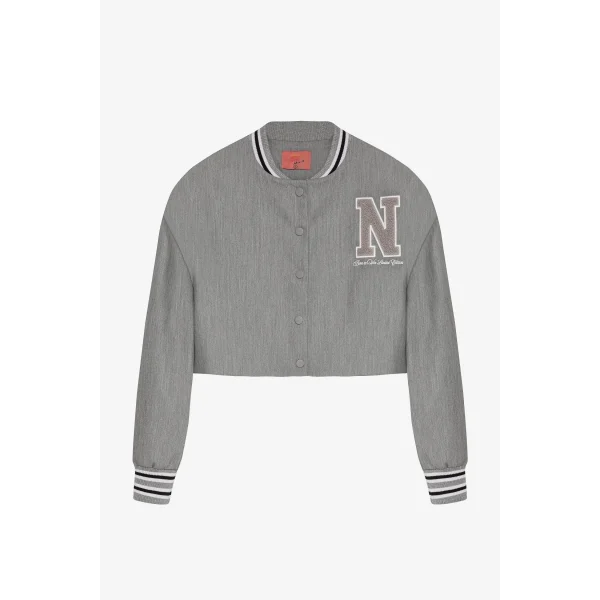 Harf Nakışlı Ribanalı Kısa Bomber Ceket-Gri