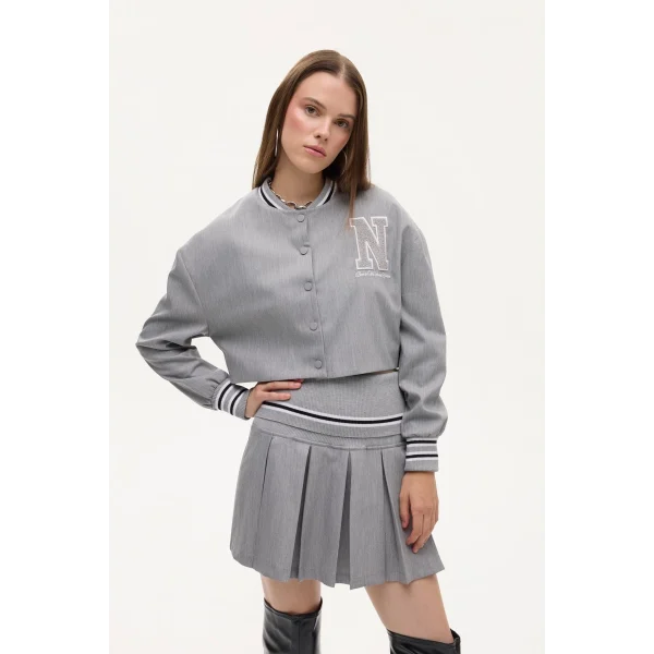 Harf Nakışlı Ribanalı Kısa Bomber Ceket-Gri