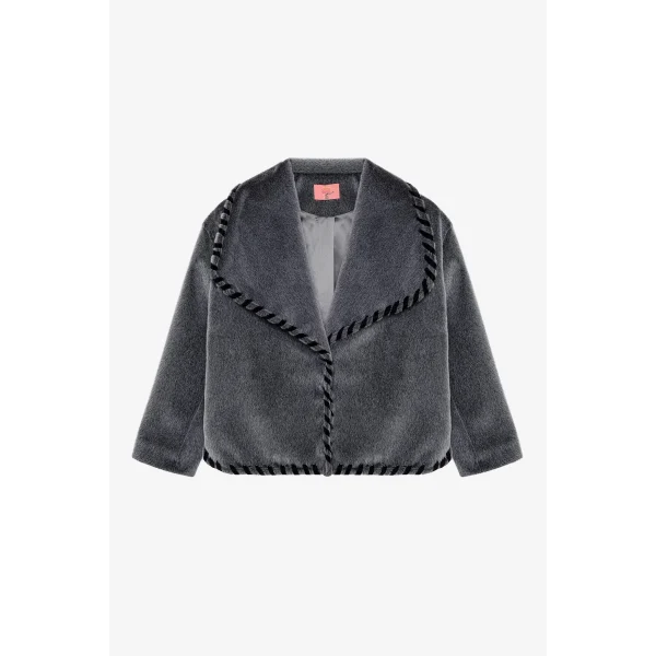 Nakış Detaylı Kürk Ceket Etek Takım-Gri