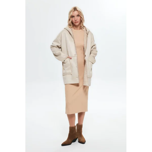 PREMİUM İÇİ KÜRKLÜ KAPÜŞONLU TAŞ RENK KABAN