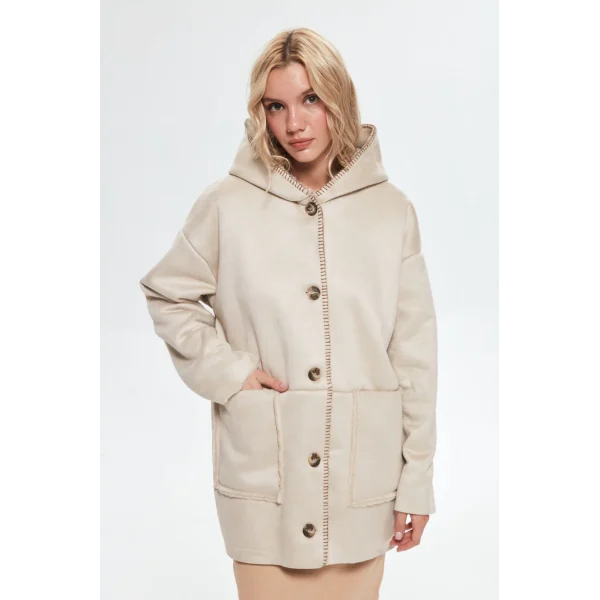 PREMİUM İÇİ KÜRKLÜ KAPÜŞONLU TAŞ RENK KABAN