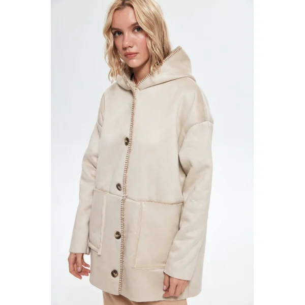 PREMİUM İÇİ KÜRKLÜ KAPÜŞONLU TAŞ RENK KABAN