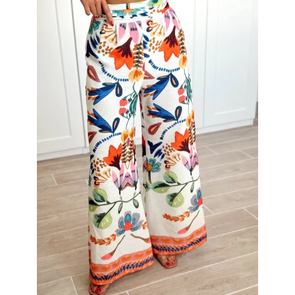 RenkLi Desenli Geniş Paça Pantolon Turuncu