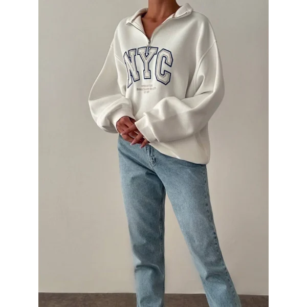 NYC Baskılı Fermuarlı Beyaz Sweatshirt