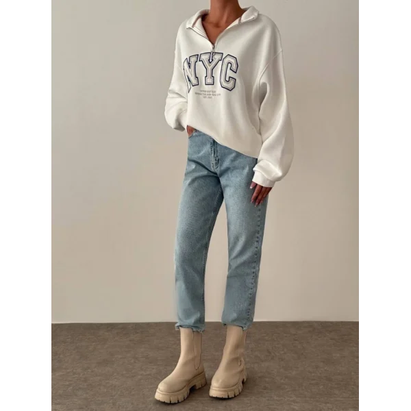 NYC Baskılı Fermuarlı Beyaz Sweatshirt