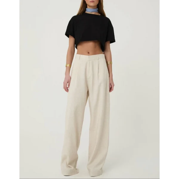 Yüksek Bel Palazzo Keten Pantolon Naturel