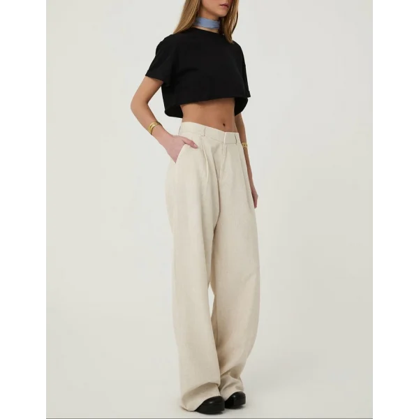 Yüksek Bel Palazzo Keten Pantolon Naturel