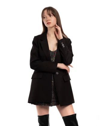 Yün Efekt Siyah Düğmeli Blazer Ceket