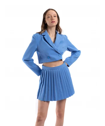 QUZU Kruvaze Mavi Crop Blazer Ceket