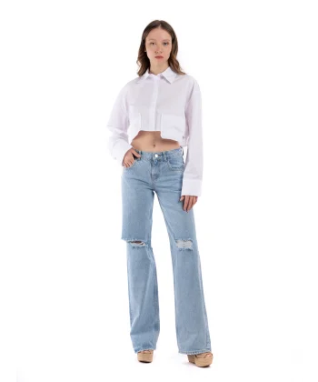 Blue Diz Yırtık Palazzo Orj Denim Pantolon