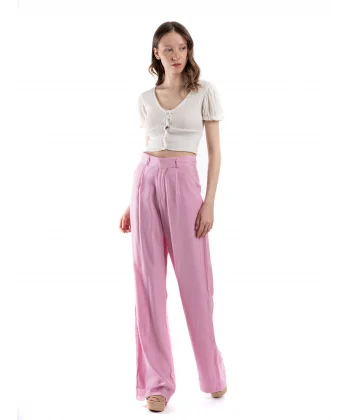 Piliseli Bol Paça Rahat Kesim Pembe Pantolon