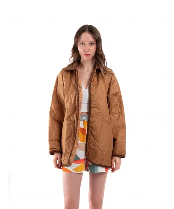 Oversize Kapitone Kadife Yaka Kahverengi Ceket