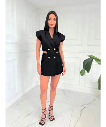 Pencere Detay Siyah Şort Tulum