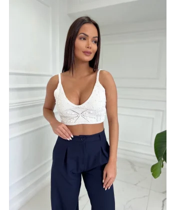 Beyaz İnci Detaylı Triko Crop