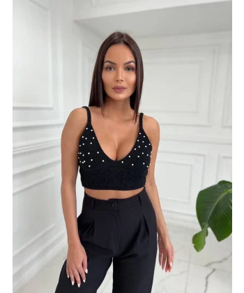 Siyah İnci Detay Triko Crop