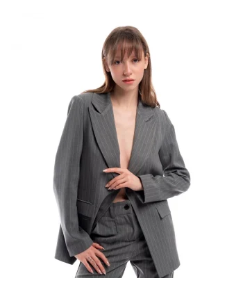 Premium Kumaş Çizgili Gri Blazer Ceket