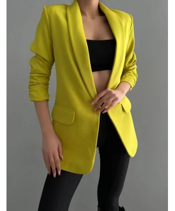 Atlas Kumaş Astarlı Büzgü Kol Tam Kalıp Hardal Blazer Ceket