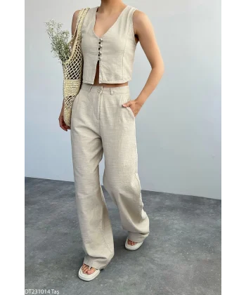 Ekru Keten Pantolon Yelek Takım
