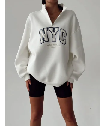 NYC Baskılı Fermuarlı Beyaz Sweatshirt