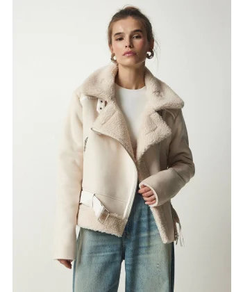 PELUŞ YAKA KEMERLİ EKRU NUBUK BİKER CEKET