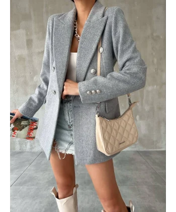 KAŞE DÜĞMELİ ASTARLI GRİ BLAZER CEKET KABAN