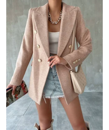 DÜĞMELİ ASTARLI KAHVERENGİ BLAZER KAŞE CEKET KABAN