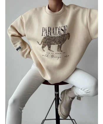 BASKI DETAYLI TAŞ RENK PAMUKLU SWEATSHİRT