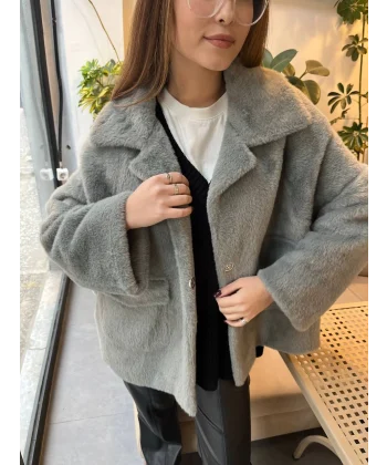 ALPAKA UZUN TÜYLÜ CEPLİ CEKET GRİ