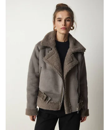 PELUŞ YAKA KEMERLİ GRİ NUBUK BİKER CEKET