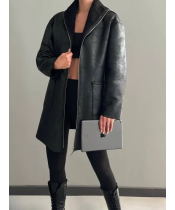 DERİ KÜRKLÜ MİDİ SİYAH KABAN