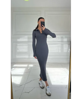 GRİ POLO YAKA UZUN KOLLU TRİKO ELBİSE